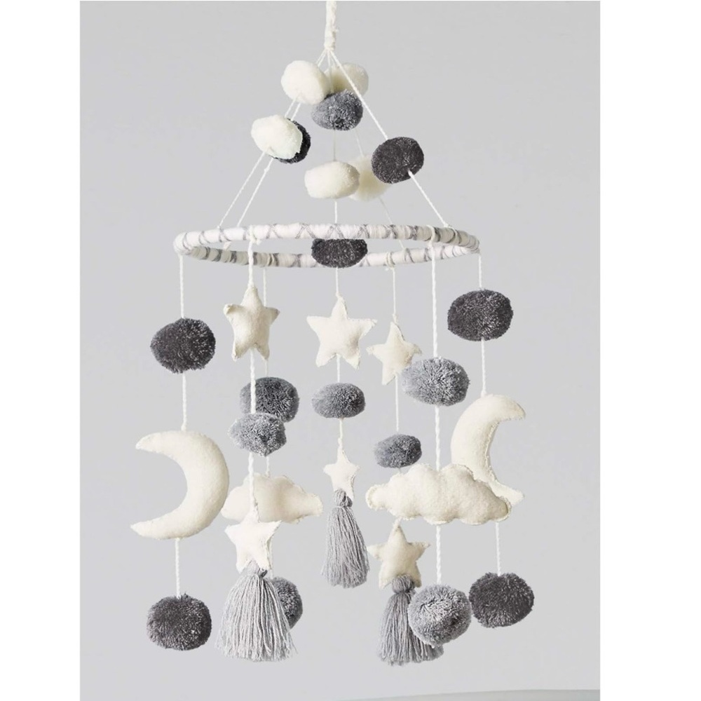 Stars and Moon Gray Pom Crib Mobile with Stand - Picture 3 of 7